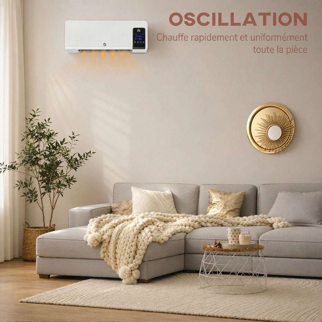 Radiateur soufflant mural chauffage céramique PTC - 1000 W / 2000 W oscillation minuterie avec télécommande blanc