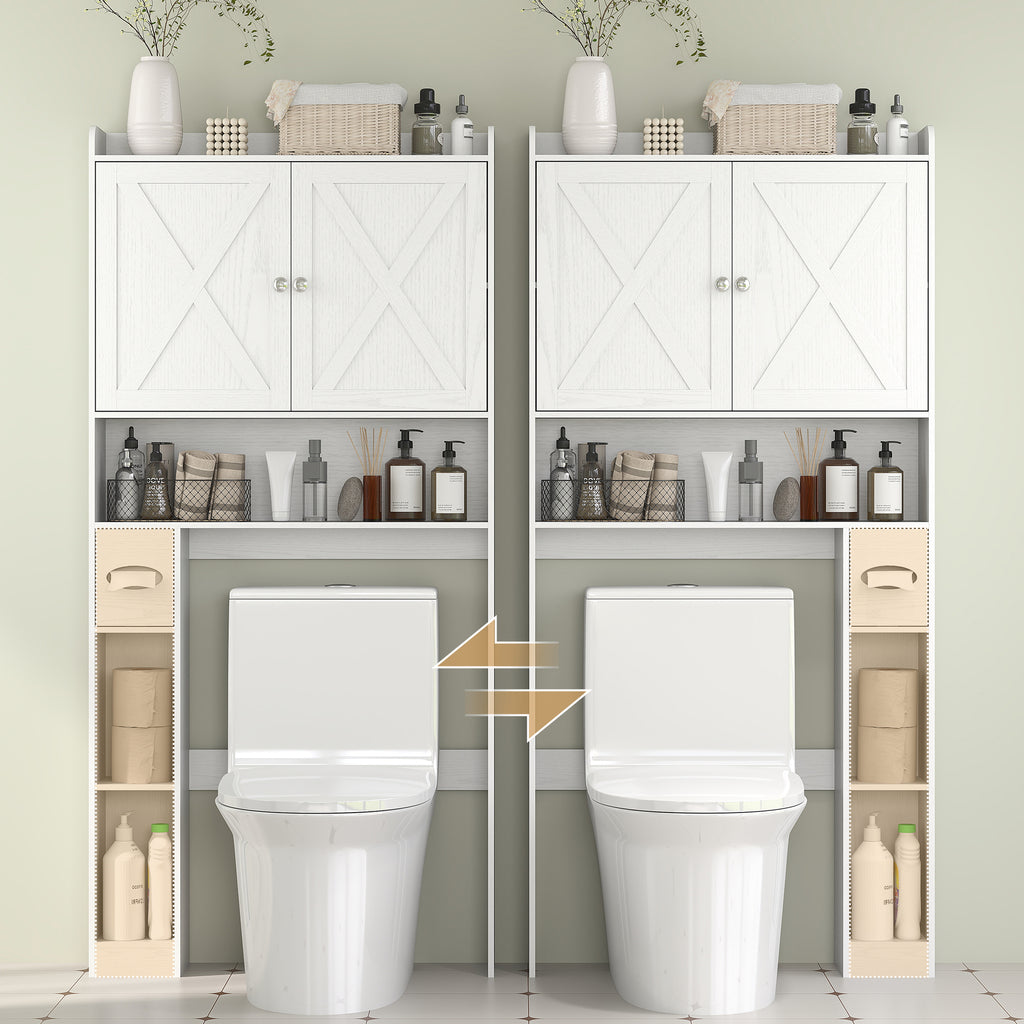 Meuble WC dessus de toilette avec placard à porte de grange, étagère réglable, compartiments et porte-papier, blanc