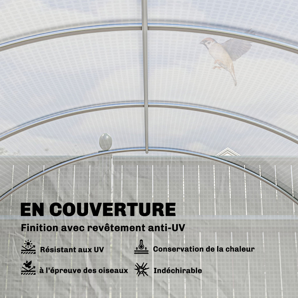 Serre de jardin tunnel 24m² 8L x 3l x 2H m - 16 fenêtres, Porte zippée enroulable acier galvanisé, bâche PE, Blanc