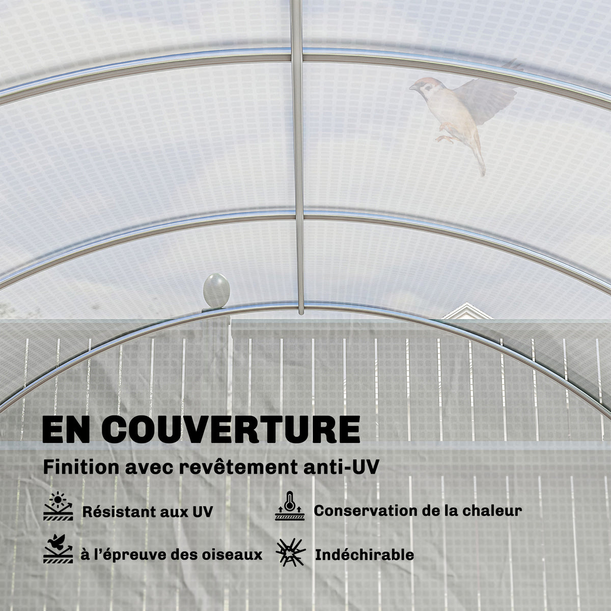 Serre de jardin tunnel 24m² 8L x 3l x 2H m - 16 fenêtres, Porte zippée enroulable acier galvanisé, bâche PE, Blanc