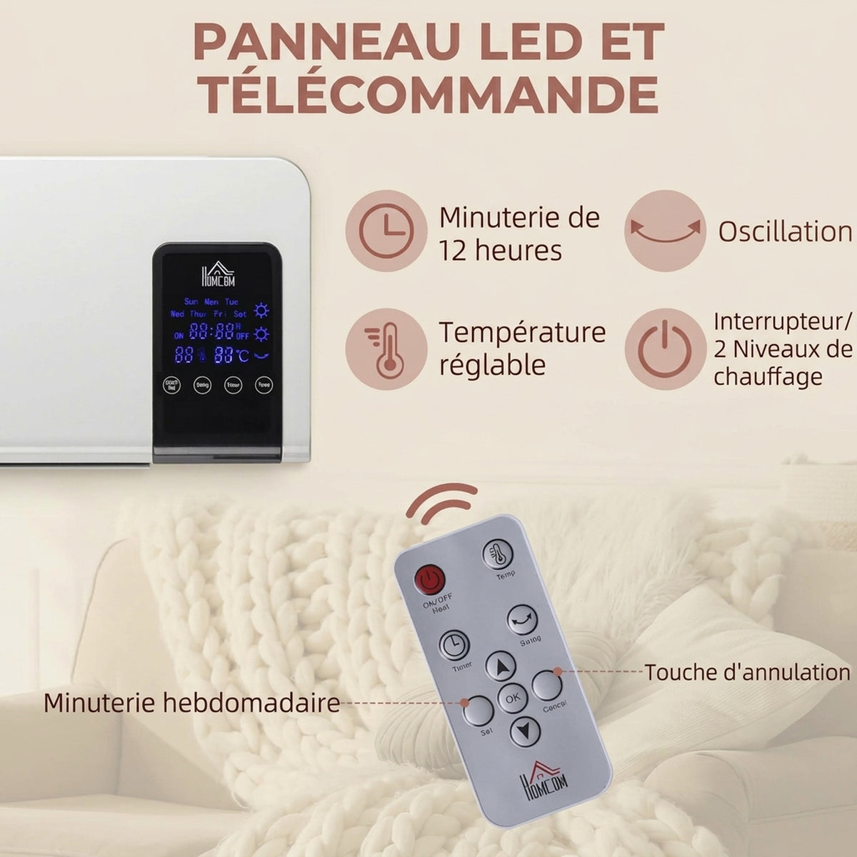 Radiateur soufflant mural chauffage céramique PTC - 1000 W / 2000 W oscillation minuterie avec télécommande blanc