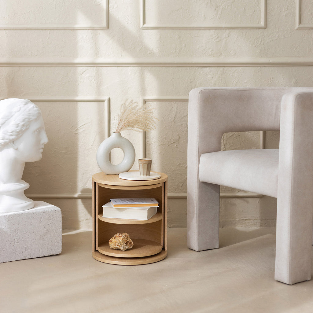 Wooden Round Nightstand & Bedside Organizer