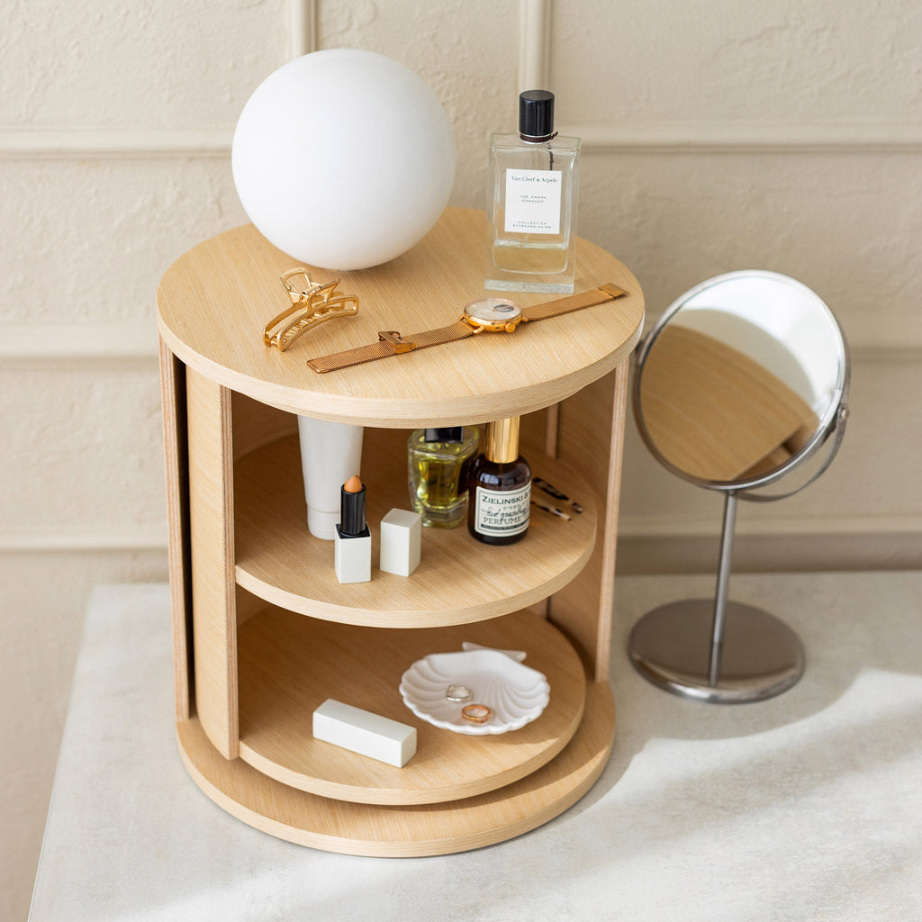 Wooden Round Nightstand & Bedside Organizer