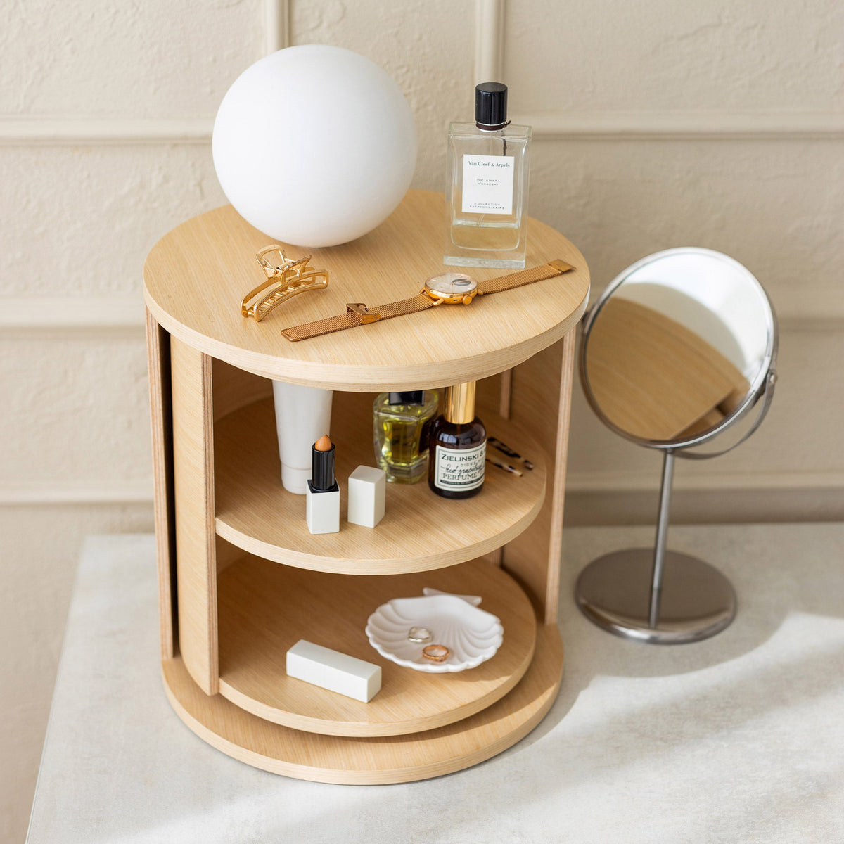 Wooden Round Nightstand & Bedside Organizer