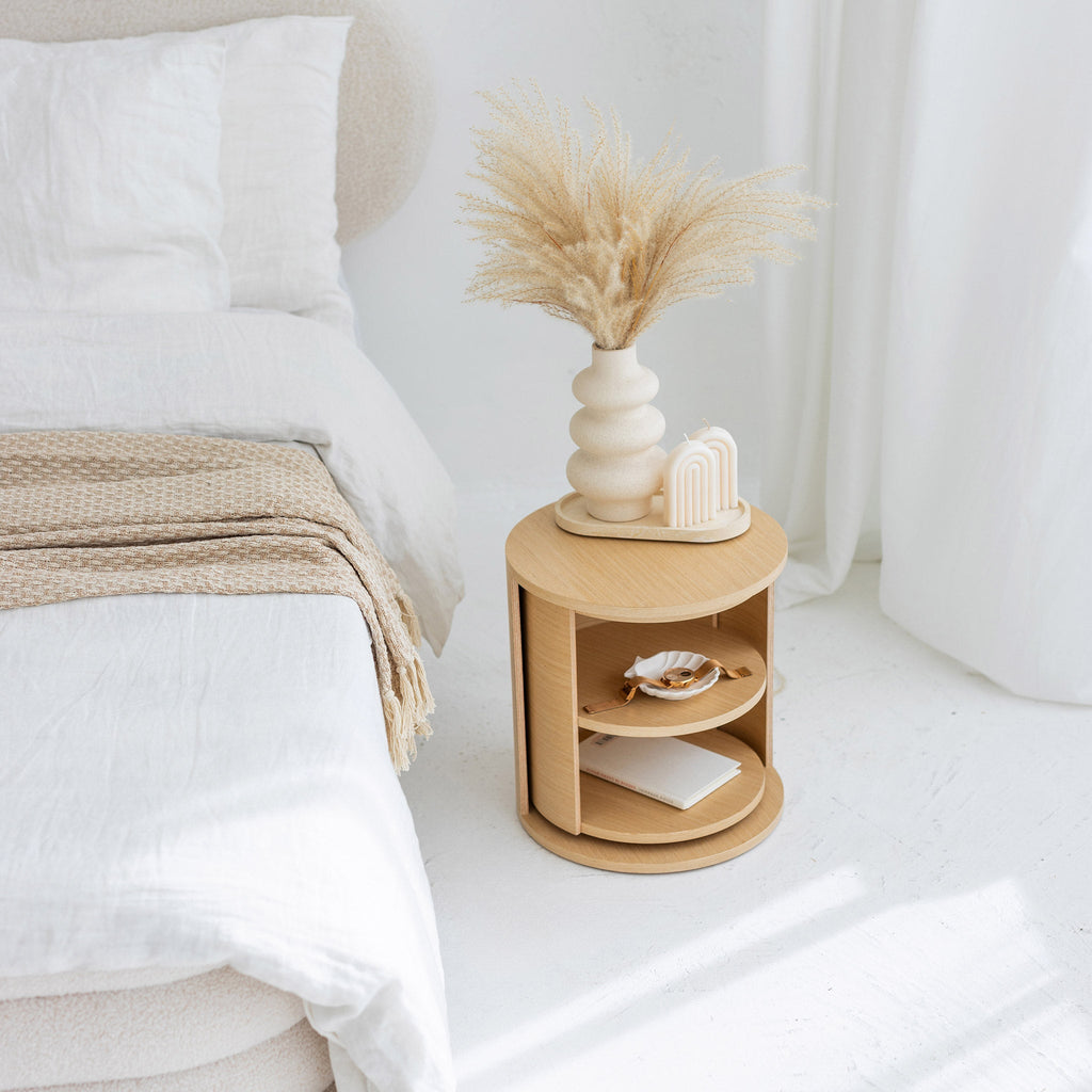 Wooden Round Nightstand & Bedside Organizer