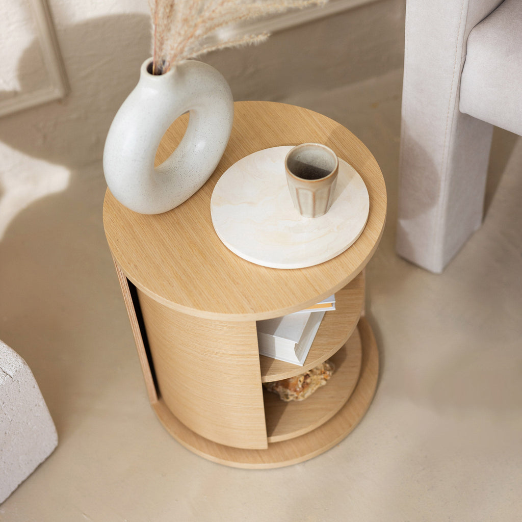 Wooden Round Nightstand & Bedside Organizer