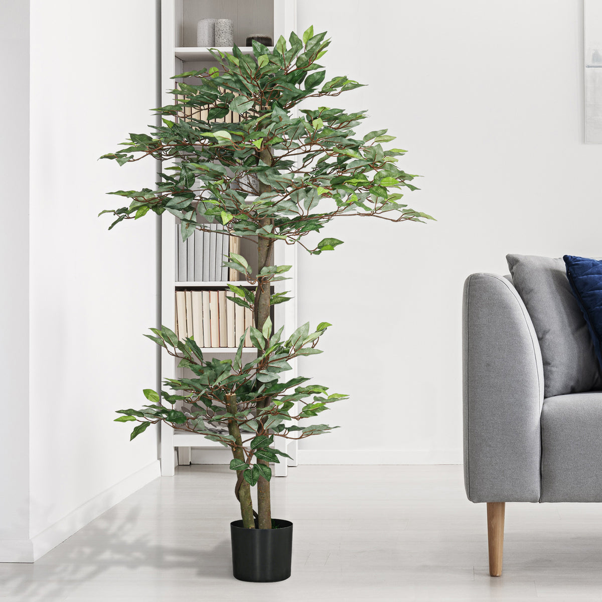 Arbre Artificiel Plante Artificiel ficus Hauteur 1,5 m Tronc Branches Liane Lichen Feuilles Grand réalisme Pot Inclus