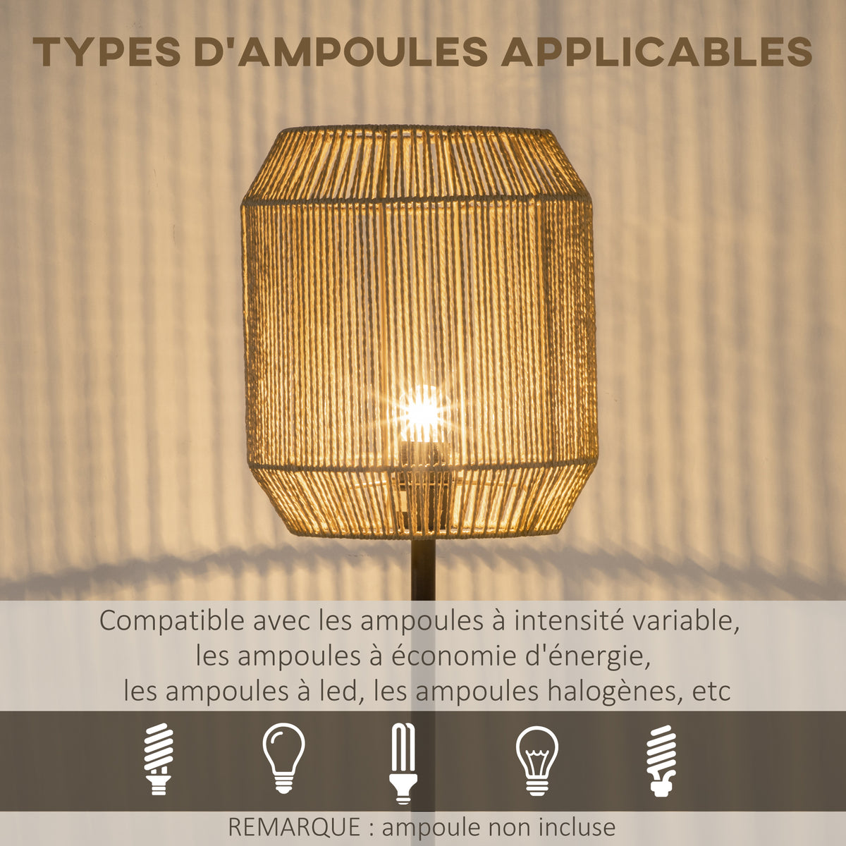 Lampadaire sur pied salon abat-jour en corde de papier design naturel base E27 Max. 40W - Ø 26 x 164H cm