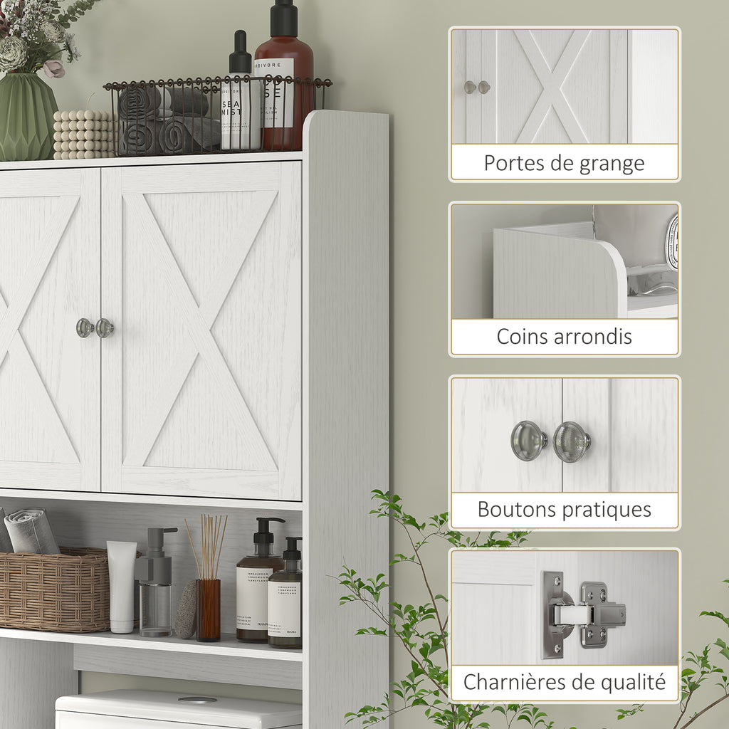 Meuble WC dessus de toilette avec placard à porte de grange, étagère réglable, compartiments et porte-papier, blanc