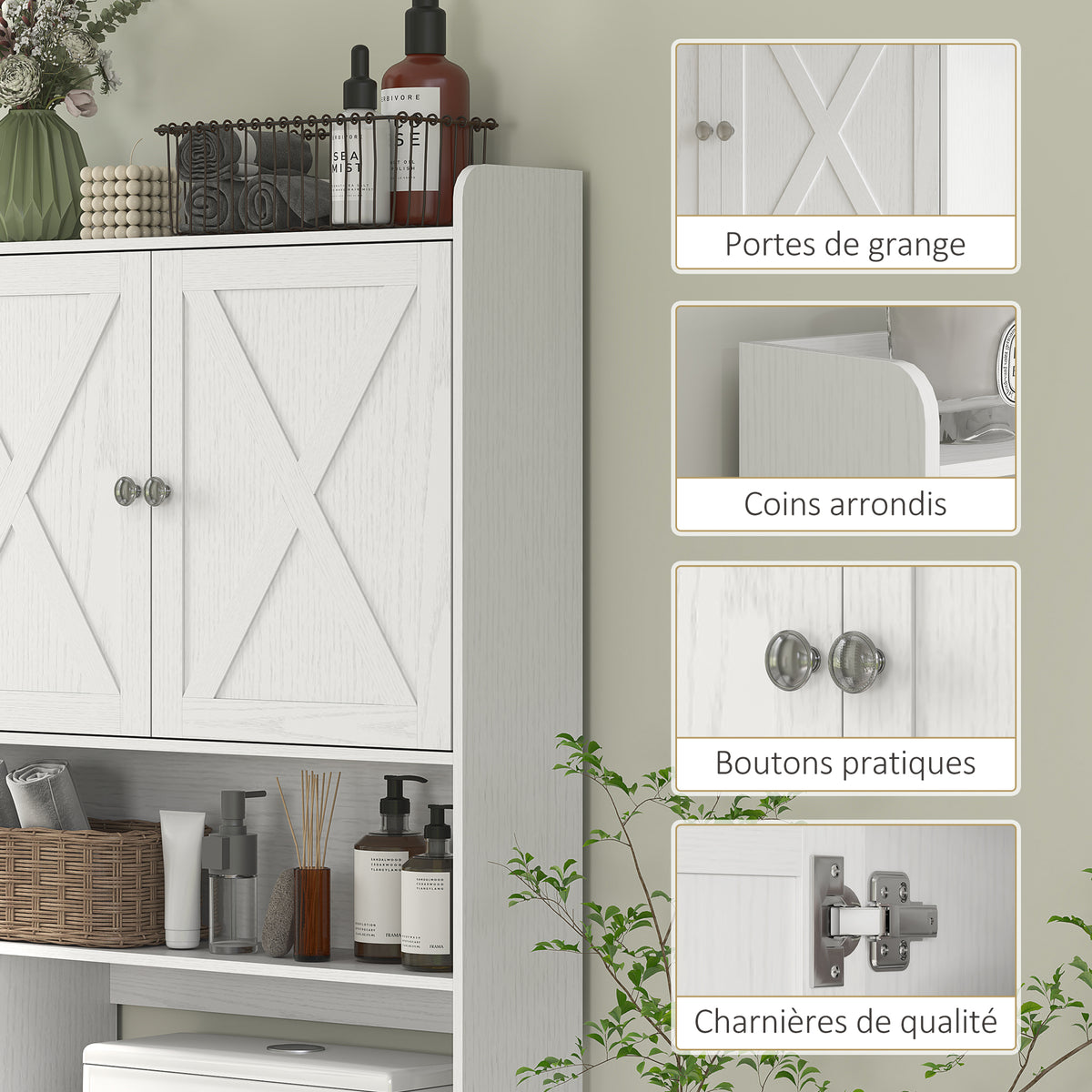Meuble WC dessus de toilette avec placard à porte de grange, étagère réglable, compartiments et porte-papier, blanc