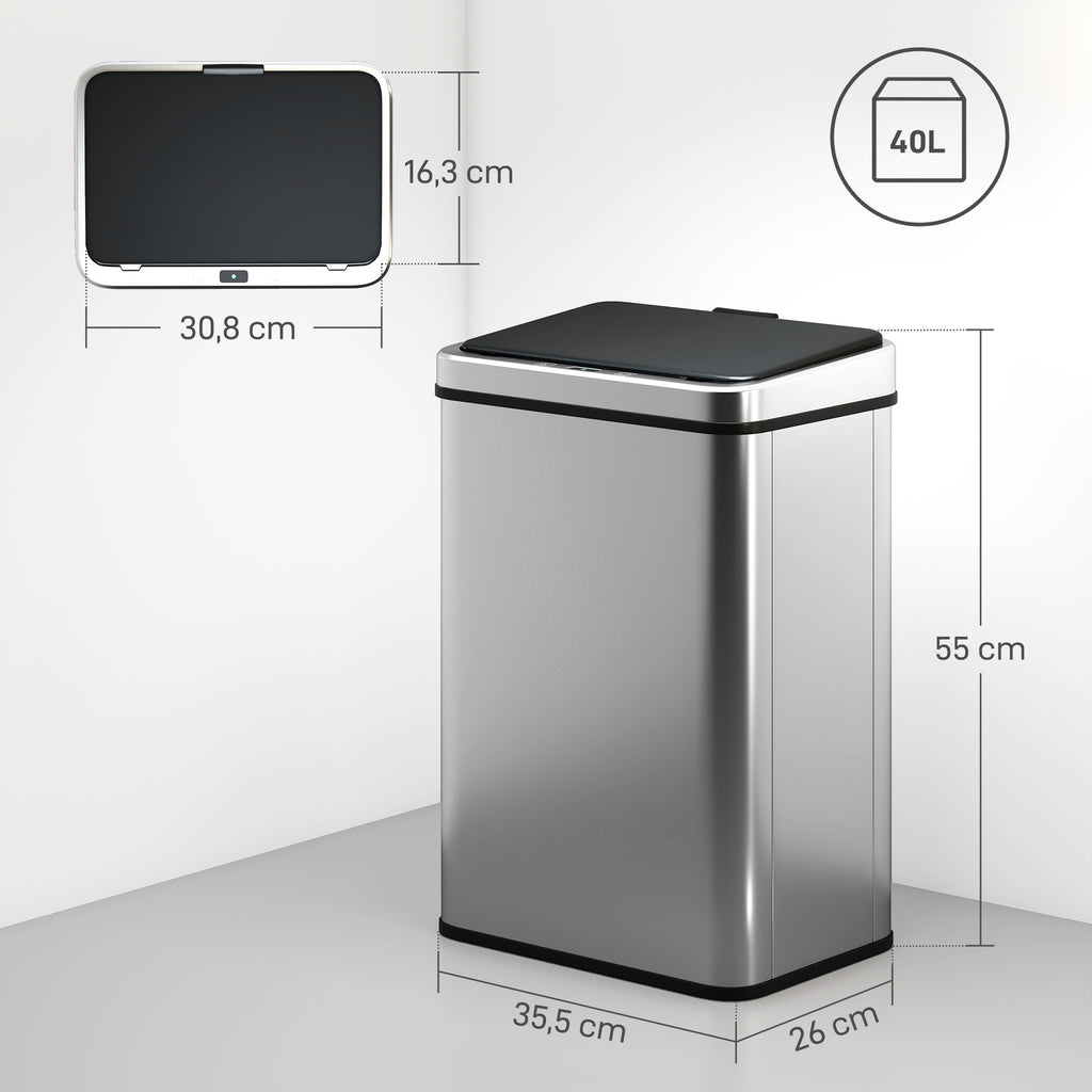 Poubelle à Capteur de 40L, Couvercle à Fermeture en Douceur, Poubelle de Cuisine Automatique Acier Inoxydable, Argenté