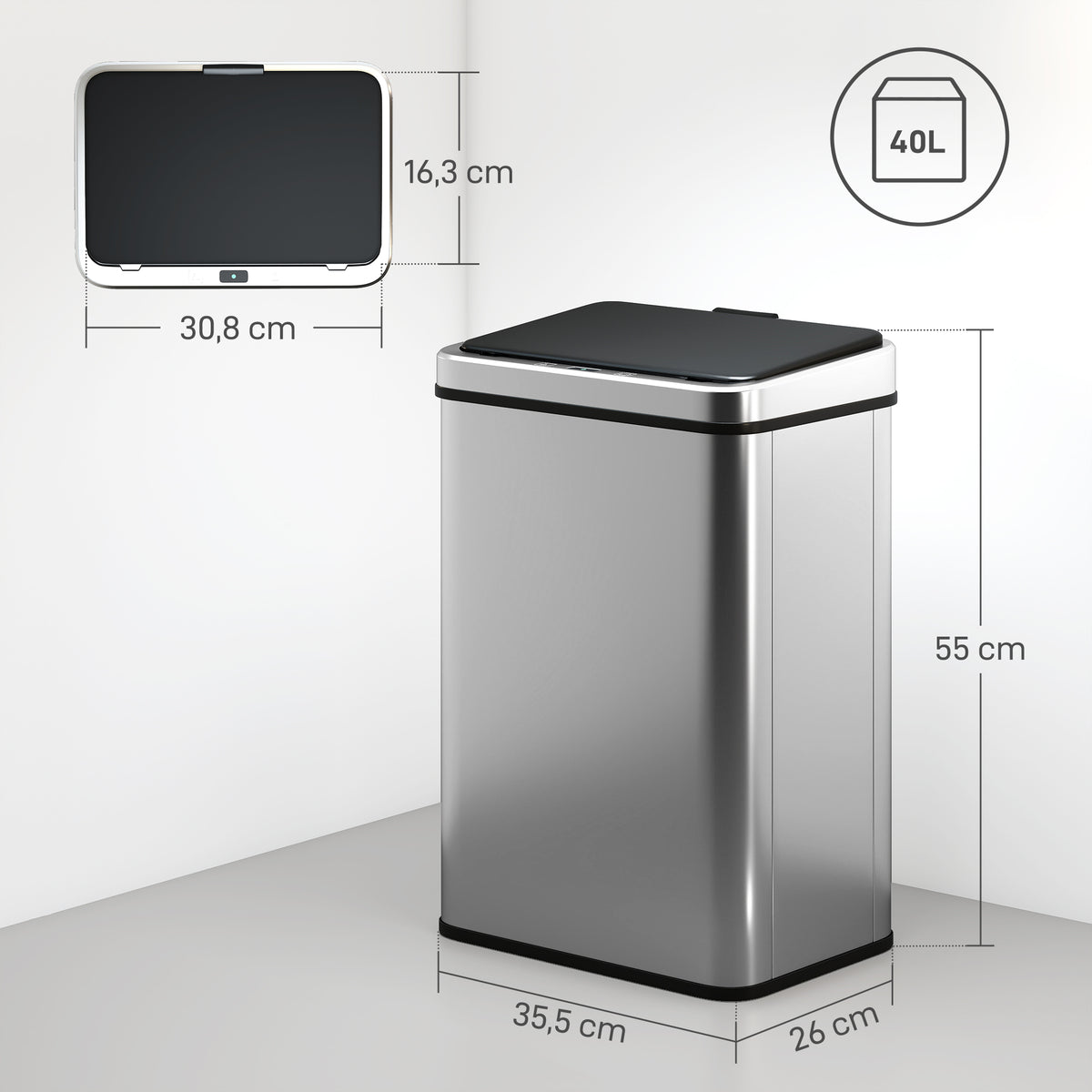 Poubelle à Capteur de 40L, Couvercle à Fermeture en Douceur, Poubelle de Cuisine Automatique Acier Inoxydable, Argenté